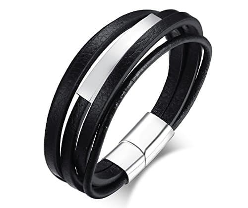 VNOX Stainless Steel Customized Tag Personalised Black Leather Wrap Bracelet for Men,Free Engraving