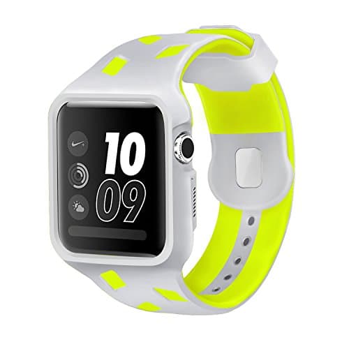 For Apple Watch Strap with Case, 42mm iWatch Band Soft TPU Replacement Apple Watch Straps with Protective Case for Series 3/2/1, Nike +, Sport, Edition(Sliver and Yellow M/L Size)