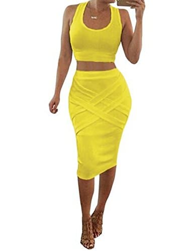 Handu Women's Patch Sleeveless Bandage Halter Strap 2 Piece Set Dress Small Yellow