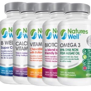 Fasting, Diet &amp; Detox Bundle, 100% Halal Certified &amp; Kosher, Potent &amp; Premium Quality Supplements, Omega 3 EPA DHA Algae Oil, Biotic Well (ProBiotic), Vitamin C 500mg, Calcium &amp; Vitamin D, (B Well) B Complete Vitamins all 60 Supply, Optimised Vegetarian Supplements by Natures Well
