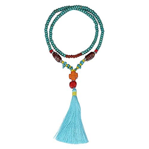 eManco Statement Long Blue Aqua Wood Bead Necklace with Enamel Turquoise Tassel for Women Fashion Jewellery