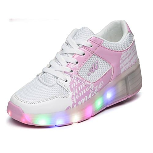 TeraSeven Unisex LED light Heelys Mesh Shoes Rolls Adjustable Skates Rollerblades Inline Skates Single Wheels Boys Girls Kids Unisex Adults White Pink(13 Child UK)
