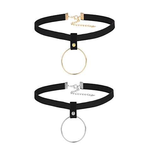 MingJun 2 PCS Gold and Silver Plated Black Velvet Choker Necklace Set Elegant Stretch Charm Chokers with Pendant for Womens