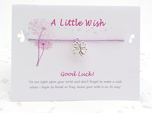 Wish String Bracelet, Anklet (Lilac Cord) A Good Luck/Lucky Four Leaf Clover Silver Tone Tibetan Charm & Quote Card. Token Gift, Good Luck at University, New School, Exams or Wish for Friend