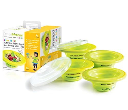 Best Help For Your Child – Show N´Tell Nutrition Start-Right Bowl From Precise Portions – Set Of 4 – Kid Safe BPA Free – 6 oz Bowls – Lids – USDA Nutritional Guidelines Design – 3 Divisions To A Perfect Size Snack, Meal Or Drink Without Thinking – Out Or At Home – Colorful Cartoons Make It Very Easy For Kids To Understand – A Great Tool For Weight Loss And Enhanced Living Since Childhood – Improve Your Children Future Lifestyle – Give Them A Head Start Now!