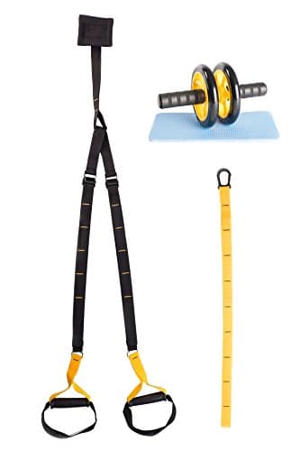Suspension Trainer kit for home, Pull Up Bands, Resistance Straps for Crossfit, Fitness, Pilates and Full Body Workout Home Gym Exercises include Free Abdominal Roller Ab Wheel and Knee Pad Mat