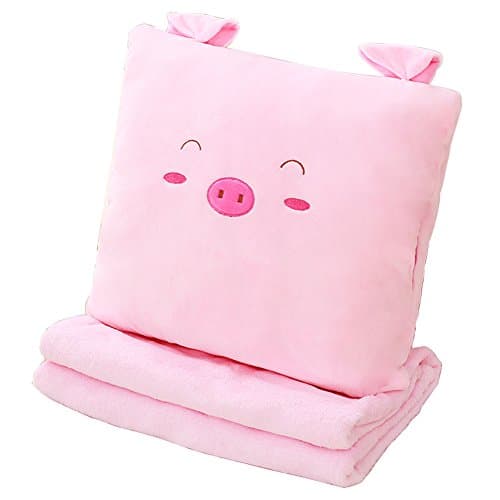 40cm Soft Pink Pig Throw Pillow Square Hand Warmer Pillow Toy + Coral Velvet Blanket