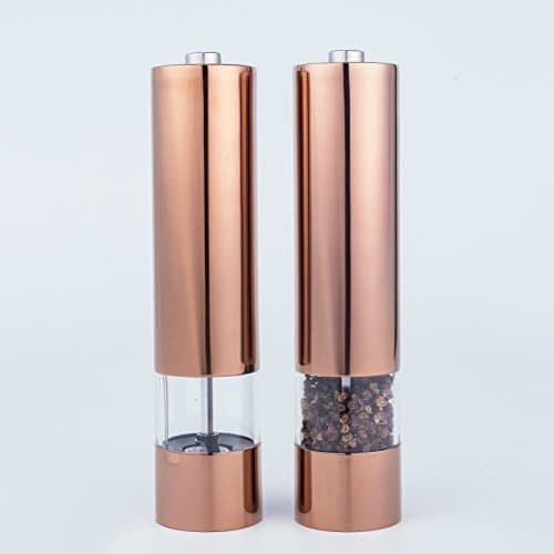Meelio Electric Salt &amp; Pepper Grinder Set (pack of 2), Battery Powered with LED Light At Bottom,Stainless Steel Electronic Salt &amp; Pepper Mill set, Copper