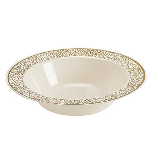 [10 PACK] Lace Collection Elegant Premium Plastic Disposable Party Dinner Plates (12oz-354ml Soup Bowls, Cream &amp; Gold)