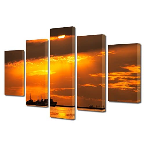 HEARTWORK Print on Canvas 5 Panels Big ships, M Size, 80 x 150 cm (32 x 59 inch), Stretched on Wooden Frame and Ready to Hang Decorative Home Art, HD Quality Picture, Modern Canvas Print, For Home &amp; Office