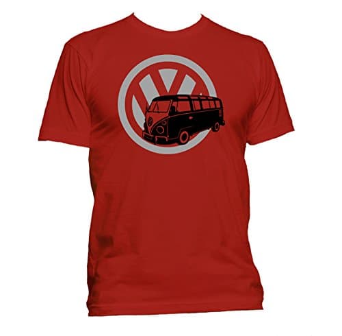 VW Classic splitscreen camper van with Logo. Ringspun Mens T-shirt. Red XL
