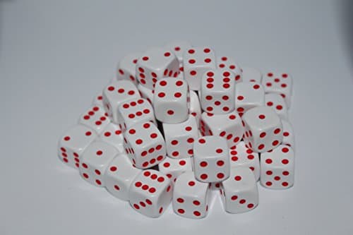 50 Good Quality Dice in White with Red Spots (D6 14mm)