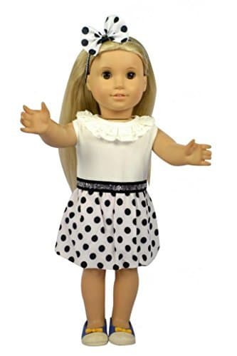 Glamerup: Rena 2-pc Doll Clothes Set - Black &amp; White Polka Dots Party Dress, with Matching Headband for Most 18 inch Dolls