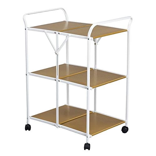 ASUUNY Folding Trolley 3 Tiers Foldable Bathroom Kitchen Rolling Cart Storage Trolley With Casters Wheeled Office All Purpose Shelving Metal 60.5 x 43.5 x 85.5 CM Golden &amp; White