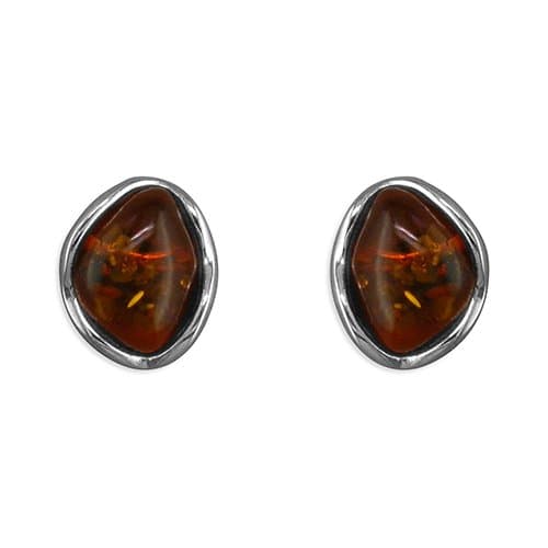 Sterling Silver Earring Cognac amber deep-det ovoid stud Brand New