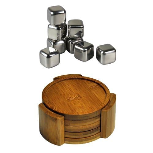 Healthpro Bar Coaster Cube Package, Includes 5 Piece Organic Moso Bamboo Heavy Duty Round Coaster Set And 8 Piece Tuscani Stainless Steel Reusable Ice Cubes with Tongs