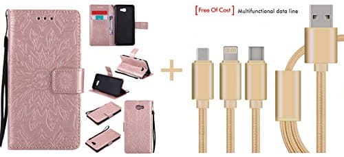 Samsung Galaxy J5 Prime Case,Huameng® [Gift] Multifunctional Data Line, Embossed Sun flower Pattern PU Leather Magnetic Closure Style Flip Wallet Cover for Samsung Galaxy J5 Prime-Rose gold