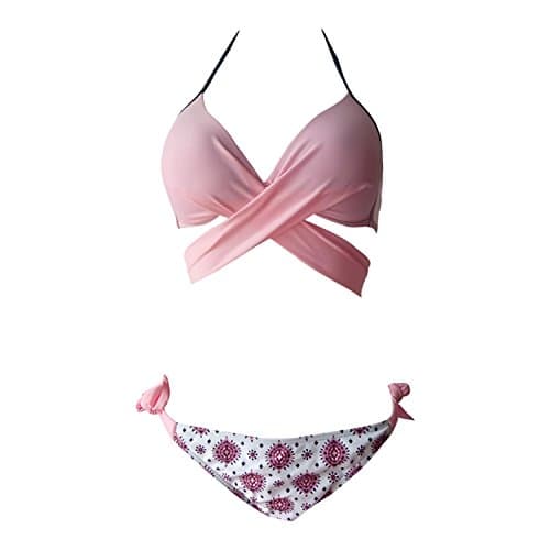 Lemon design Push Up Bikini Set Sexy Padded Swimsuit Candy Colourful Swimwear Strappy Tankinis Top Padded and Brief Bottom 2 Pieces S-2XL (Pink, S)