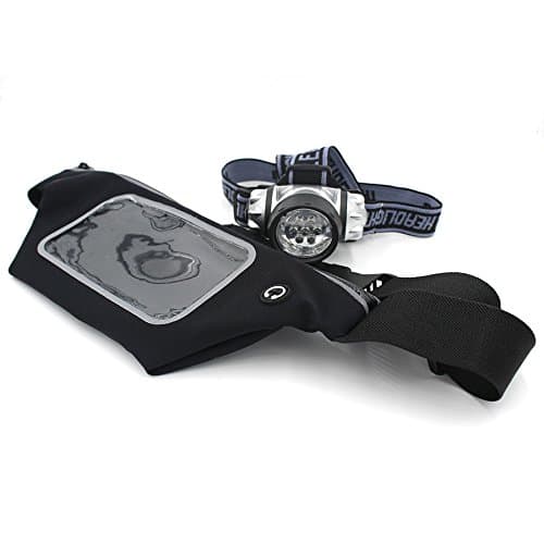 7 LED Torch Headlamp Headlight + Running Waist Belt with Touch Window and Earphone Hole Adjustable Belt for iPhone and Android Phones under 5.5 inch, Water Resistant 2 Modes Head Safety Lamp Flash Light Torch For Cycling Camping Hiking Fishing Climbing Mountain Biking Running Kit With 3 x 1.5V AAA Batteries Black