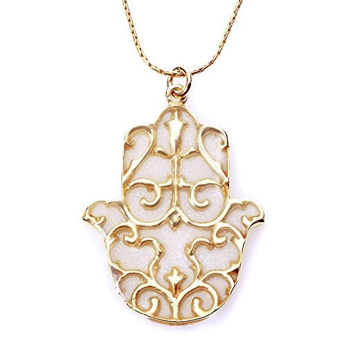 Gold Plated 925 Sterling Silver Hamsa Necklace Fleur de Lis Pendant Polymer Clay Handmade Jewellery, 16.5" Gold Filled Chain