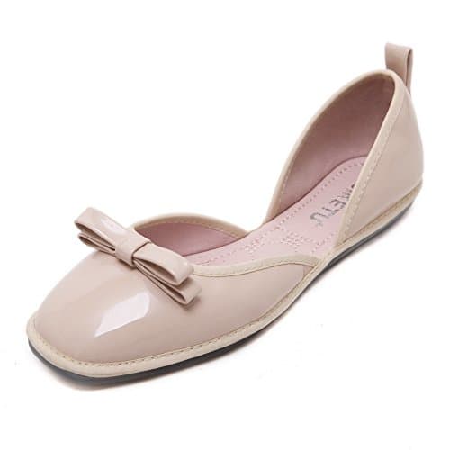 Gtlindsl Womens Enamelled Leather Solid Square Closed Toe Bowknot Flats-Shoes, Apricot, 35