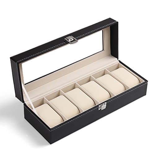 High Quality Watch Box Large 6 Grids Mens Black PU Leather Display Glass Top Jewelry Case Organizer Gift Box