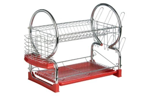Chrome 2 Tier Dish Drainer with Red Removable Drip Tray