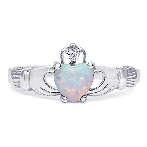 Sterling Silver lab-created White Opal Claddagh Ring