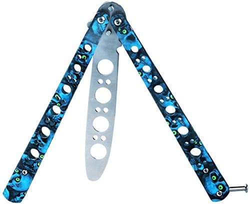 WASOON Skeleton Pattern BALISONG Practice Butterfly Trainer Knife Stainless Steel Blunt Training Knife Dull Tool Cartoon Design Handle (Blue)