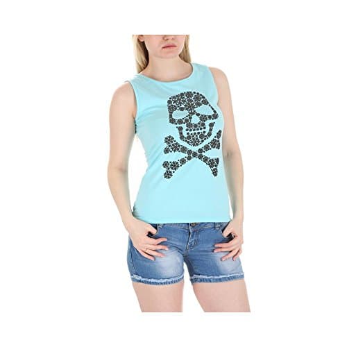Ideal Shoes – Judith Skull Print Tank Top -  Blue - Large