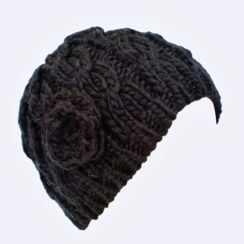 Ladies Cable Knit Beanie Hat with Crochet Rose