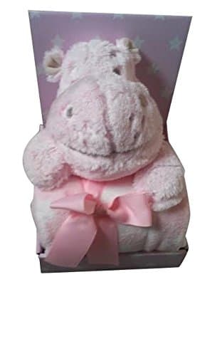 Plush Cuddly Huggable Hippo Soft 10 Inch Toy &amp; Blanket Throw 2 Piece Baby Toddler Gift Set (Pink)