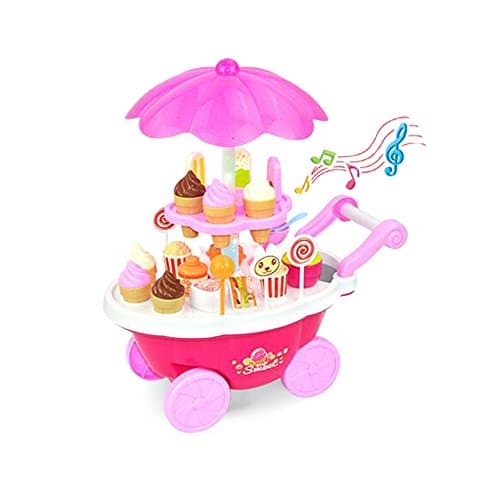 Pretend Playset Mini Light Music BBQ Cart Hand Push Candy Cart for Children (Candy Cart Pink)