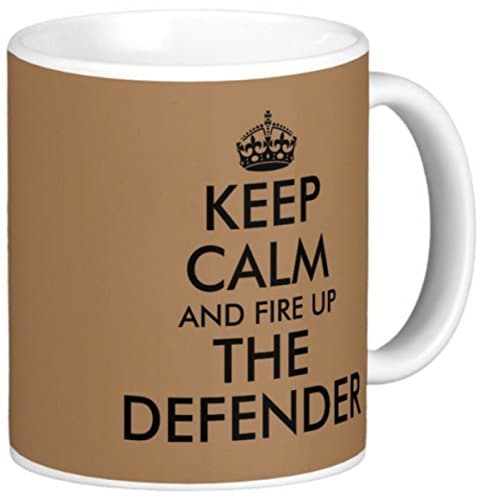Novelty MUG ≈ KEEP CALM AND FIRE UP THE DEFENDER ≈ A fun gift for any Landrover or Land Rover Defender owner driver or enthusiast - A novelty keep calm and carry on style tea or coffee mug for any father, son, husband, daughter, wife, or mother - A fun gift for Christmas or Birthday and a fine Mothers or Fathers Day present - listing category mug mugs cup cups