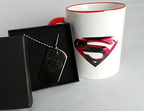 Superman,GPO Group Exclusive Gift Set Superman Logo Design Printed On Microwave & Dishwasher Safe Red Rimmed And Red Handled 11oz Mug Cup And Diamond Cut Engraved Black Dog Tag