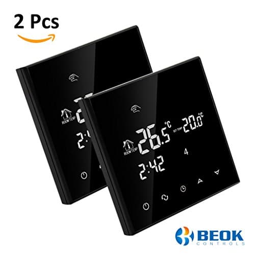 Beok TGT70-EP Programmable Digital Room Thermostat for Underfloor Electric Heating Temperature Controller with Touchscreen and Floor Sensor, AC230V 16A, Black, Pack of 2