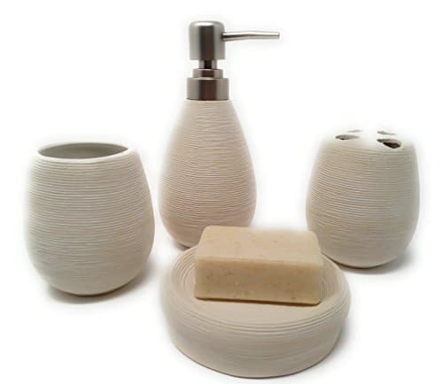 Bathroom accessories set Fiveto. Soap Dish Plus Soap Dispenser Rinsing Glass And Toothbrush Cup. This Set Of Toilet Accessories Is Available In 3 Colours and Made of Ceramic