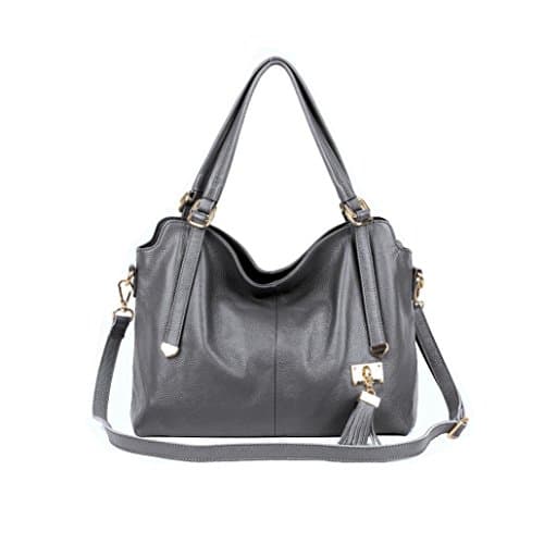 Handbag,Lanowo Durable Single Shoulder Cowhide Leather Tote Bag,Cowhide and Manmade Leather Detachable Convenient Braces Messenger Bag with Multi Pouch for Ladies,Gray