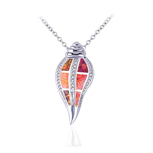 925 Silver Chain Ocean Snail Conch Shell Seashell Pendant Choker Necklace Inlay Red Opal