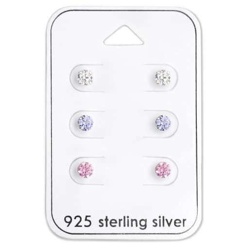 3 Pair of 925 Sterling Silver Studs CZ Stones