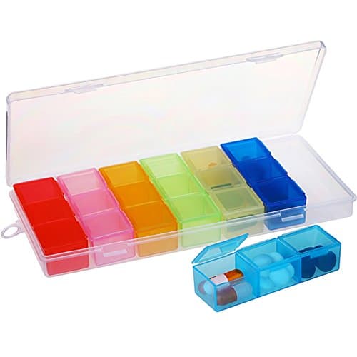 LTCT 7-Day Weekly Travel Pill Box Case 7 Days Pills Holder Organizer Weekly Medication Tablet Box Daily Morning Noon Night Container Compartments Colorful Detachable Dispenser 21 Compartments
