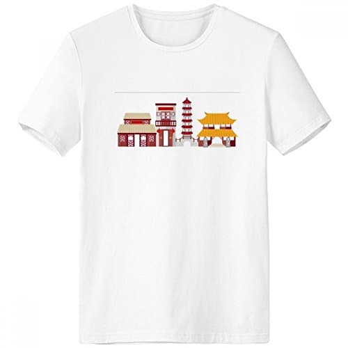 China Architecture Gate Tower Chinese Illustration Pattern Crew-Neck White T-shirt Spring and Summer Tagless Comfort Cotton Sports T-shirts Gift