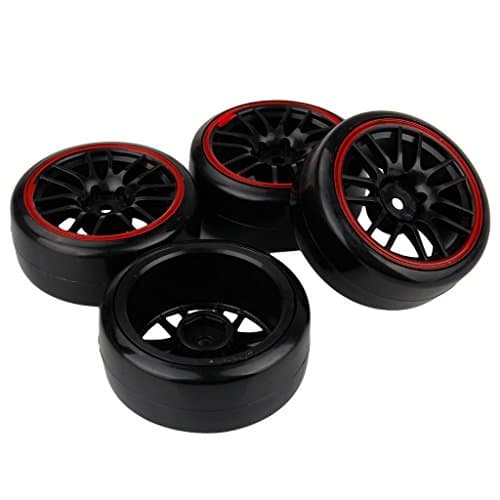 Yiguo Durable Red edge Wheel Rims and Smooth Plastic Tyre Tires 14 Spoke for RC 1:10 Drift Car set of 4