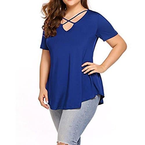 2018 New Womens Plus Size Solid Sexy Tops, Summer Lady Fashion V Neck Short Sleeve T Shirt Casual Criss Cross Blouse