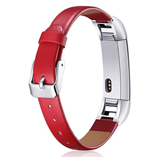 Amoyl for Fitbit Alta Leather Strap, Alta HR Band,Classic Adjustable Replacement Wristband with Metal Connectors for Fitbit Alta (HR) Fitness Accessories Women Men (Red, for 5.3"- 7.6" wrist)
