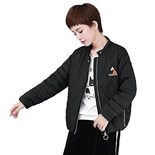 Women Lightweight Down Jacket Stand Collar Zipper Patch Warm Thicker Short Coats . Black . S