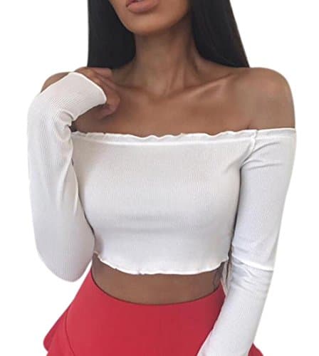 MU2M Women's Off Shoulder Solid Crop Tops Long Sleeve T-shirt Tee White US L