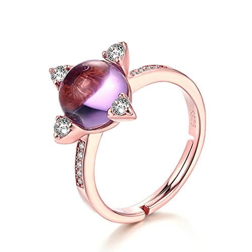 ORKST 925 Silver, Rose Gold Plated Natural Gemstone Amethyst Ring Round Elegant Women's Engagement Ring, Adjustable Opening Ring