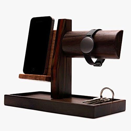 Handmade Wooden iPhone/Android Docking Station, Idea Birthday Gifts For Men, Dalbergia Latifolia Redwood Universal Cell Phone Stand Smart Watch Keychain Wallet Docking Station