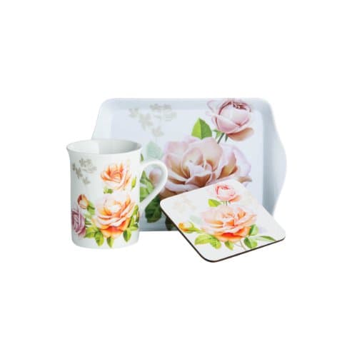Stylish Tea Time Gift Set Peach Rose 9oz Mug Tray Coaster Awesome New Design